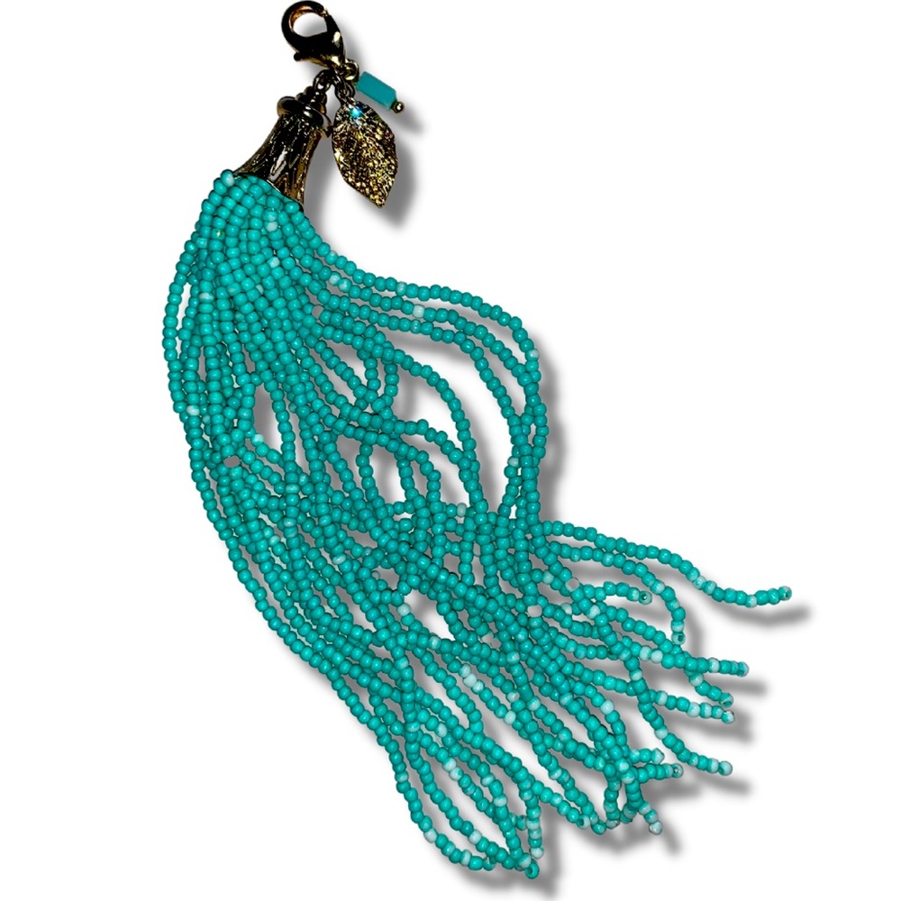 Turquoise & Gold Crystal Leaf Beaded Boho Tassel Keychain Accessory